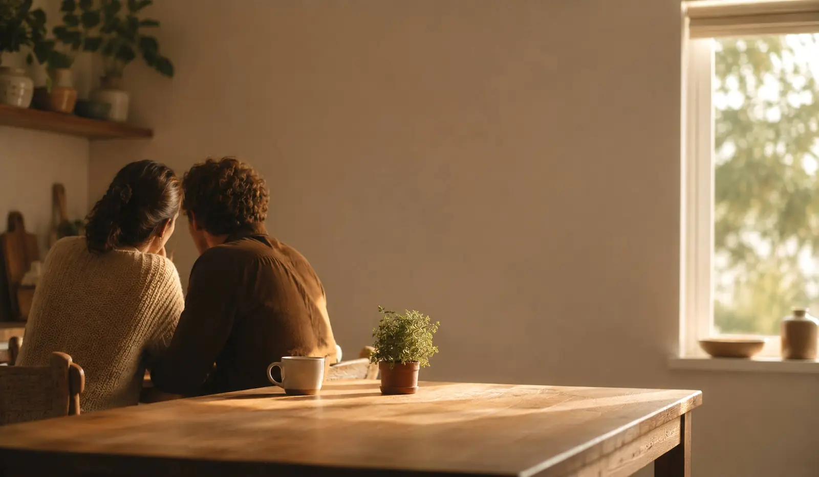 Two people sitting together at a kitchen table