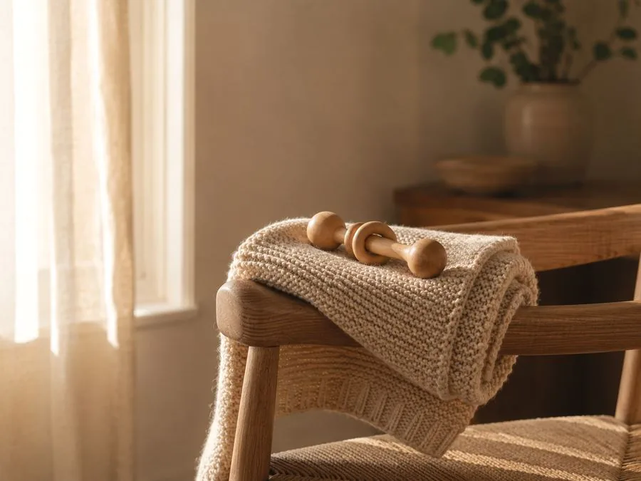 A knitted blanket and a wooden rattle on a chair