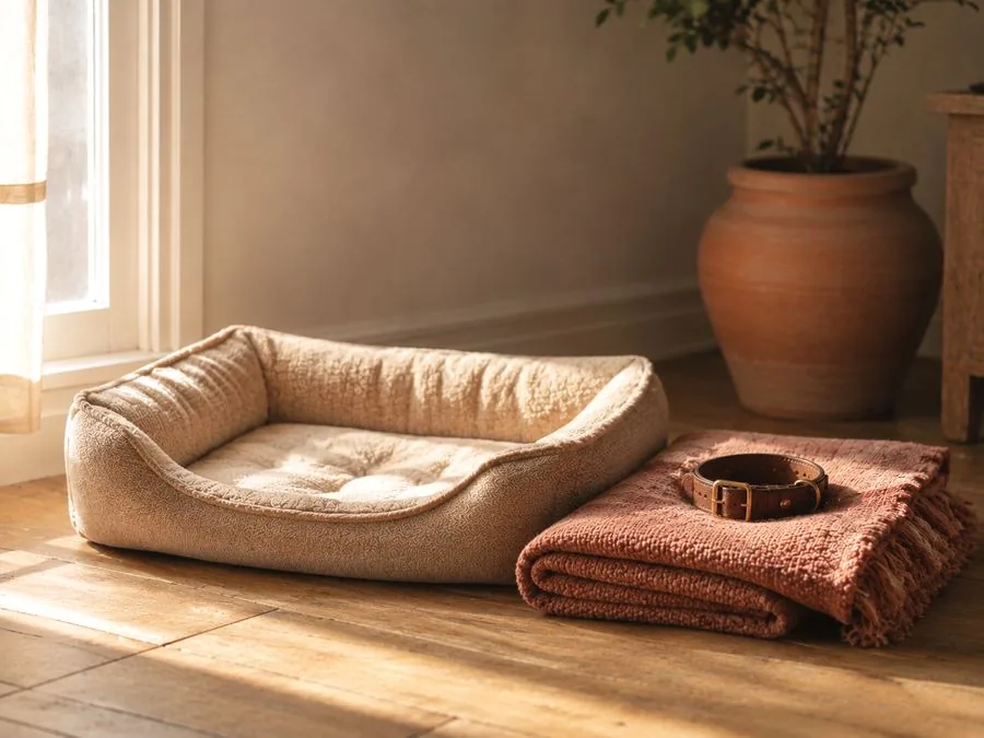 An empty dog bed by a window