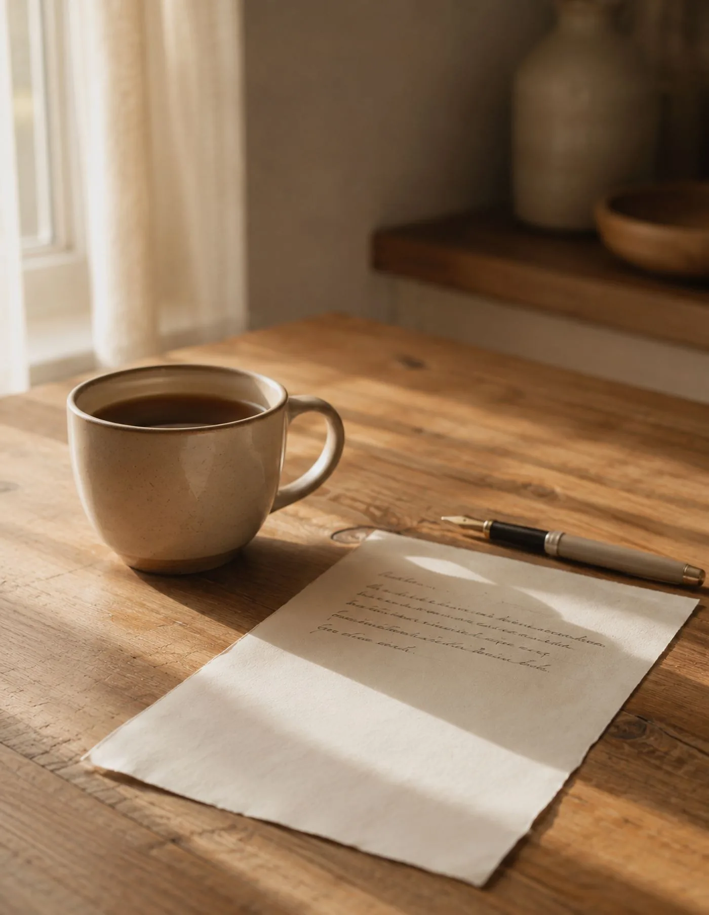 Coffee, a pen and a printed page in morning light