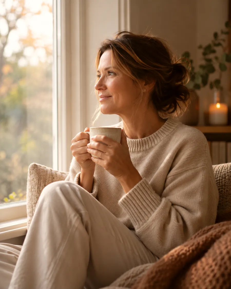 A woman by the window with a cup of tea, looking outside