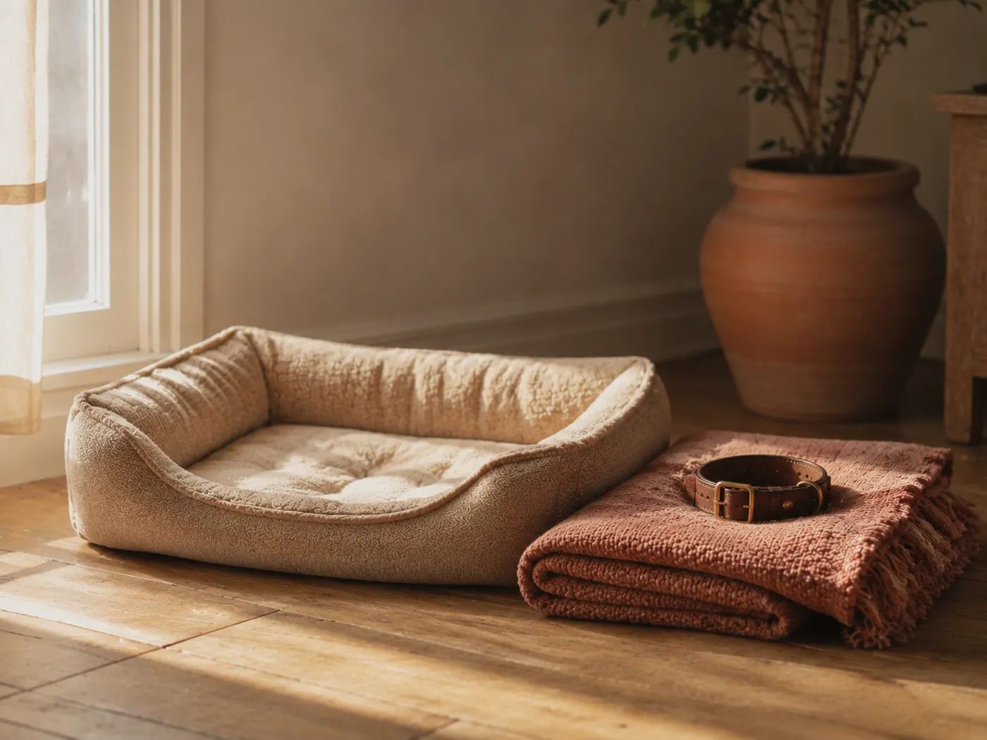 An empty dog bed in the morning light, with a collar folded on a blanket beside it.