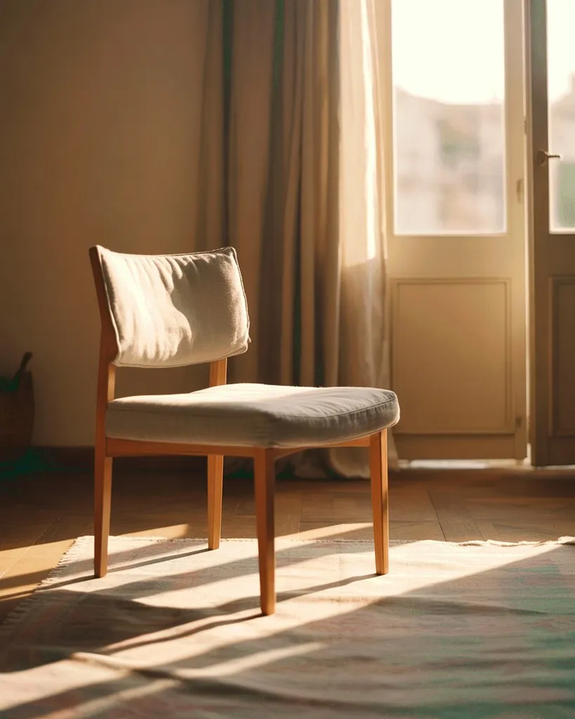 An empty chair by a window in a quiet room.