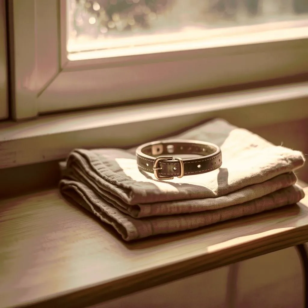 A collar resting on folded linen by a window.