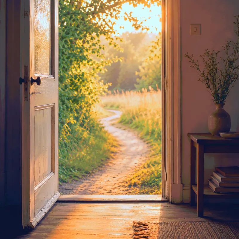 An open door onto a path in the early light.