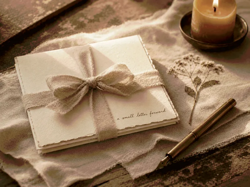 An envelope tied with a ribbon, and a pen.
