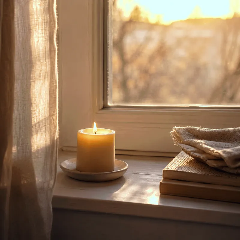 A candle on a windowsill beside folded linen.