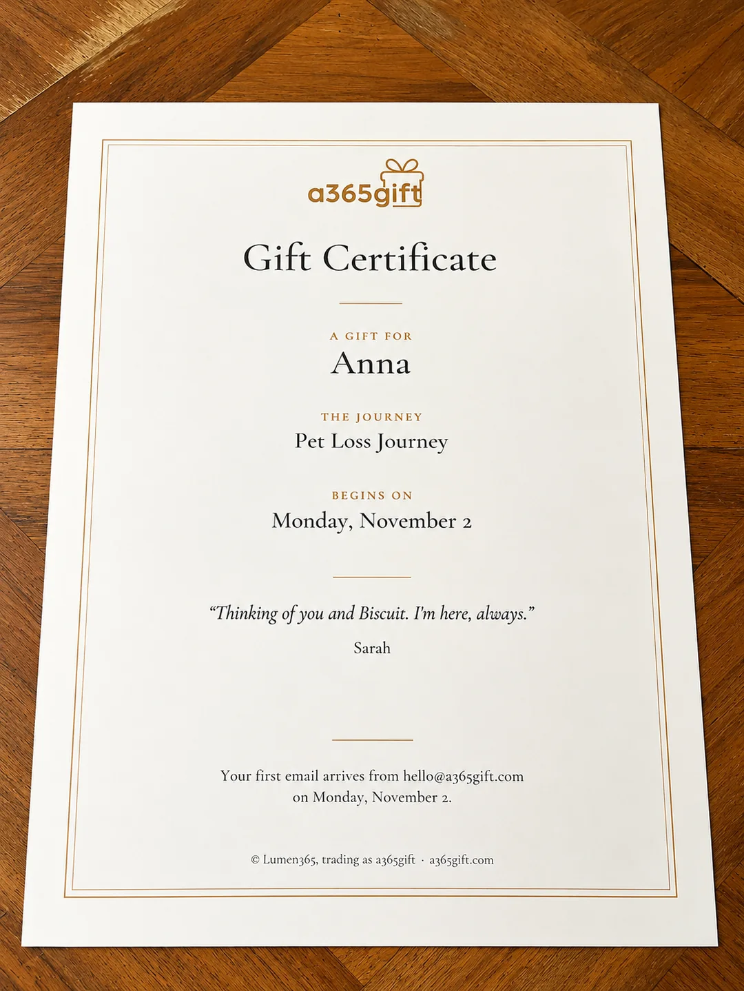 The gift certificate on a table, filled in with the recipient's name, the journey and the start date