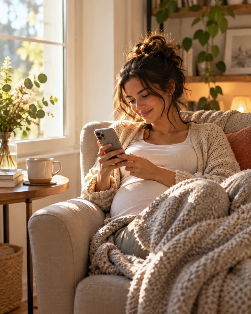 A pregnant woman in an armchair by the window, smiling at her phone.