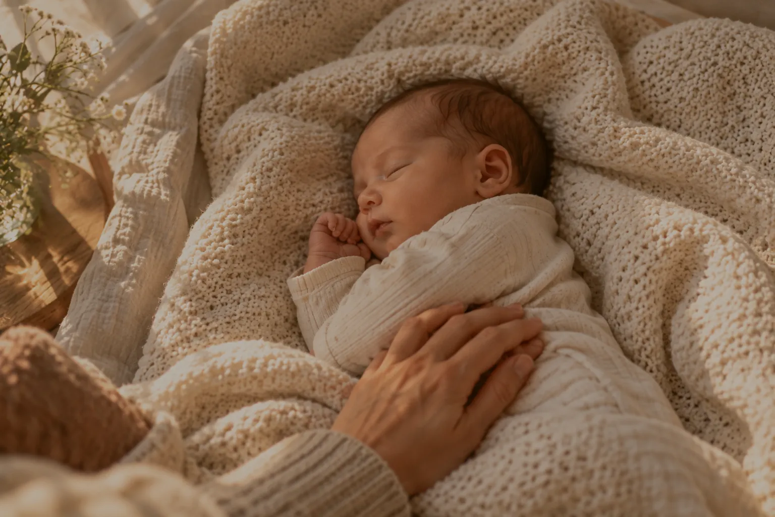 A newborn baby asleep on a knitted blanket, a parent's hand resting gently on top.