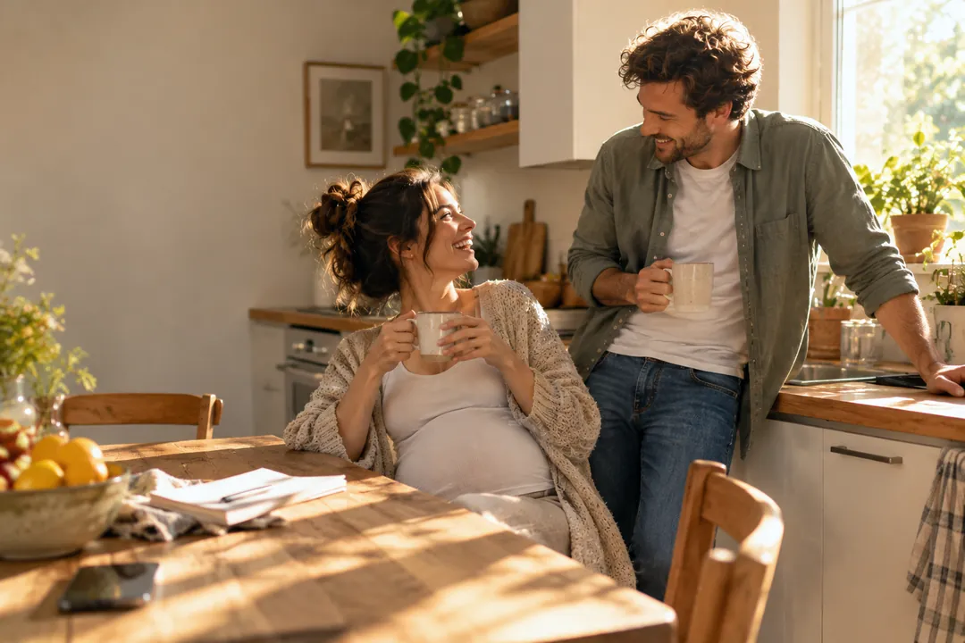 A couple together in their kitchen, expecting a baby